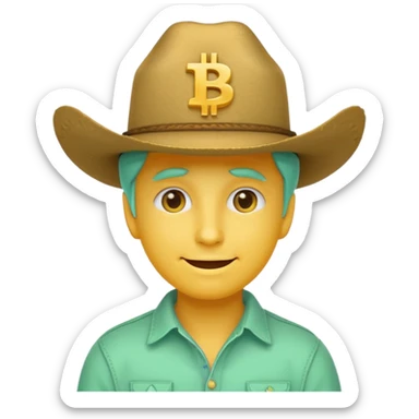 yellow unisex face emoji, mint green cowboy hat with '100x', Bitcoin symbol eyes, cheerful expression sticker