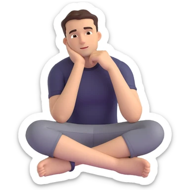 front-facing emoji-style illustration of a thoughtful man sitting with one hand under his chin, gazing slightly to the side, neutral or slightly serious expression, contemplative and curious mood, clean background sticker