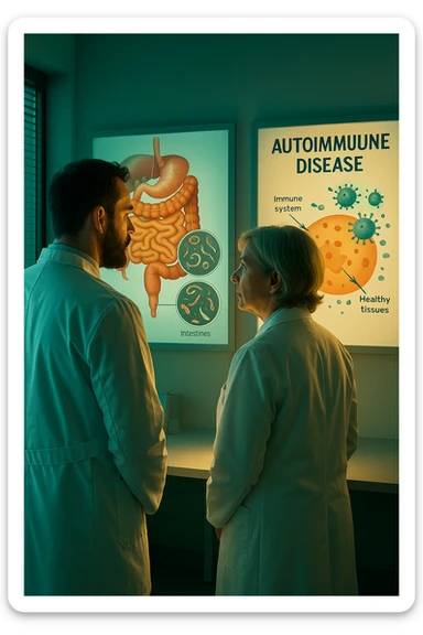 Realistic, detailed photo taken from behind of two doctors—a bearded man and a middle-aged woman—standing side by side in a modern medical office, intently studying a large, illuminated medical chart on the wall. The chart displays a detailed diagram of the human digestive system, highlighting the intestines and showing microscopic images of intestinal parasites. Next to it, another chart illustrates the immune system attacking healthy tissues, visually connecting gut parasites to autoimmune disease mechanisms. The room is bathed in a single green-blue color, with a warm, yellow-orange light casting soft shadows around the doctors. Both wear white coats and have serious, focused expressions, suggesting a deep discussion about the root causes of autoimmune conditions. Shot with a Canon EOS R5, with high detail, natural depth of field, and a clinical yet dramatic atmosphere. sticker