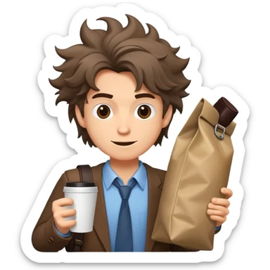 cartoon character dashing with coffee and bag, disheveled hair, cityscape background sticker