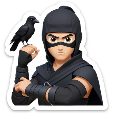clash-of-clans-aesthetic_-cinematic-mysterious-male-ninja-portrait-emoji, rendered in a flat, vector-style with minimal shading and bold, simplified shapes, with a head slightly turned revealing intense, focused eyes. the ninja has his arm out and perched on top of his forarm is  a  giant black crow sticker