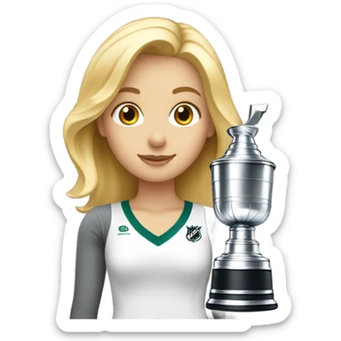 A blonde girl holding a stanly cup sticker