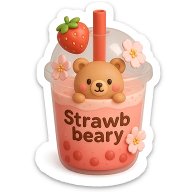 3D iOS style strawberry drink with a bear and cherry blossoms. Include the word "Strawbeary" on the cup. sticker