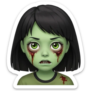 A zombie girl in Apple Memoji format with the longest, straight black hair with bangs, wearing a black shirt. sticker