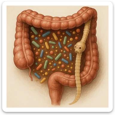 a medical illustration of a human realistic gut with bacteria and parasyte (tenia) realistic  sticker