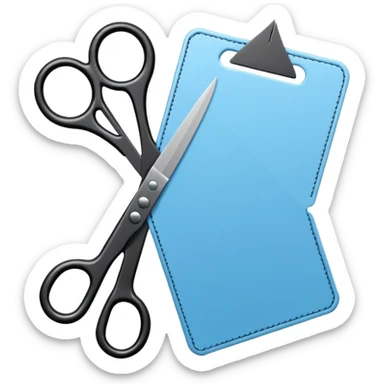 Floating black Scissors cutting a light blue military ID card in 2 parts .hyper realistic sticker