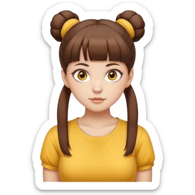 beautiful girl with brown hair with twin buns style, straight bangs, yellow eyes, milk brown tshirt, white skin, her body is a little fat  sticker