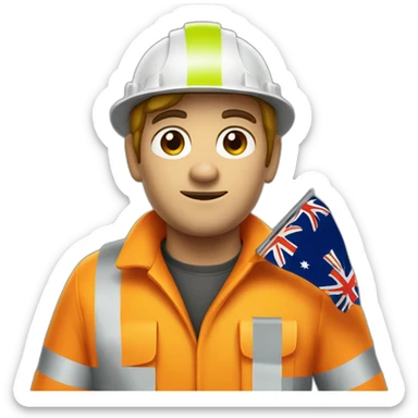 white miner wearing orange high vis and holding an Australian flag sticker