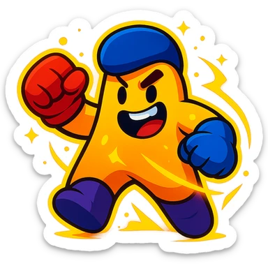 meeple character inspired by Brawl Stars, action stance, glowing effects, playful expression sticker