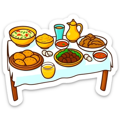 Steaming hot beshbarmak on a traditional dastarkhan, Kazakh feast table sticker