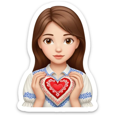 Beautiful young girl with brown hair in a white Ukrainian embroidered shirt holding a large embroidered heart sticker
