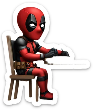 Cute Deadpool sitting at a desk, front view sticker