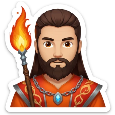 Vulcan, Fire God from Rome Mythology with long dark brown hair and beard, orange and red outfit, light tan skin sticker
