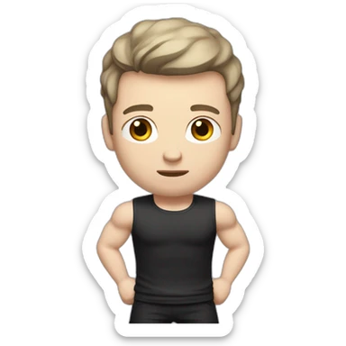 Confused Pale skinned Fit Man With the biceps and dark brown hair in black shirt, gray sports shorts and white Sneakers sticker