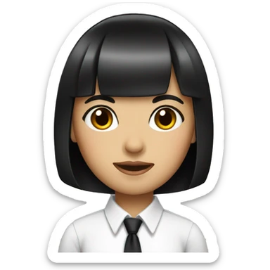 A girl with a bob black hair with bang wearing white shirt with a black tie sticker
