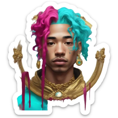 Vintage painting swirls gold jewellery baroque raven wings angel tropical Deep pink maroon burgundy cyan dark hoodie man vitiligo dyed hair gold piercings nose piercing ear piercings sticker