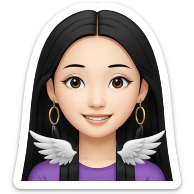A Asian girl with fare skin and hoop earrings, long straight black hair with black eyes, smiling with a open wings eyeliner sticker