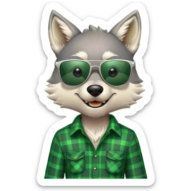 friendly anthropomorphised wolf in green plaid shirt and green attire for St. Patrick's Day, wearing dark sunglasses, festive pose sticker