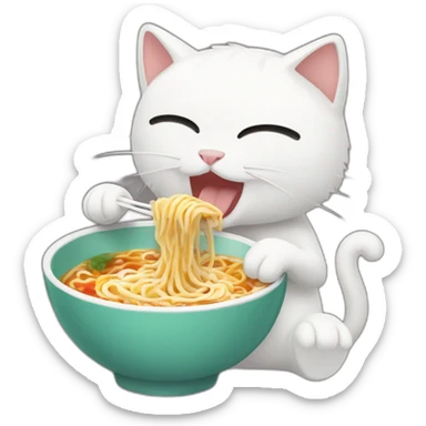 2d white Animated cat eating ramen sticker