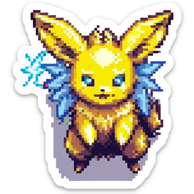 Jolteon the electric Pokémon jumping, pixel art style sticker