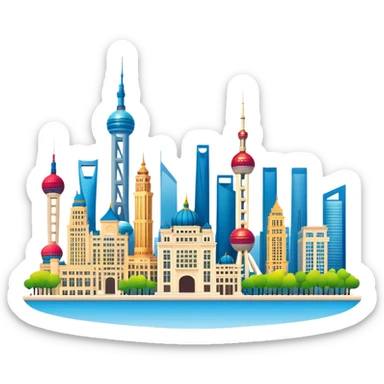 Shanghai The Bund skyline, simplified emoji style with bold outlines and bright colors, cartoon style modern buildings and Oriental Pearl Tower sticker