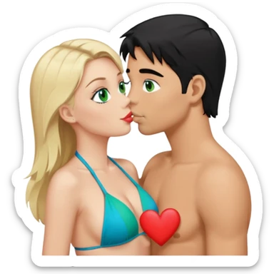 Blonde Queen with crown Green eyes blue Bikini whole body Kissing man black Hair Hearts sticker