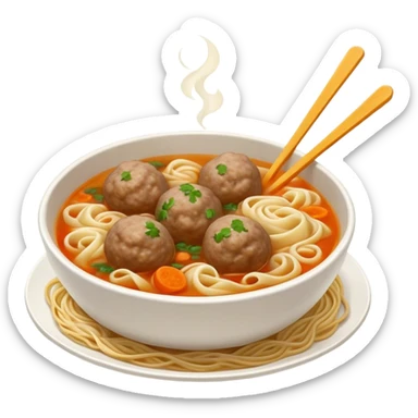 Cinematic Realistic Bakso Dish Emoji, showcasing savory meatball soup with noodles rendered with detailed textures and warm, inviting lighting. sticker