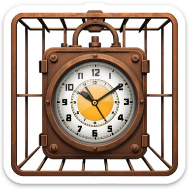 clock trapped inside a metal cage sticker