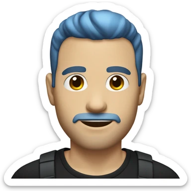 white guy with blue medium length hair, swept to the side covering half his face. wearing black shirt sticker