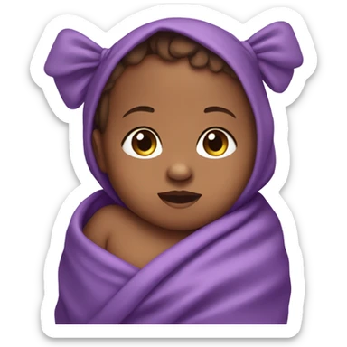 Brownskin baby in a purple swaddle with a matching bow on their head sticker