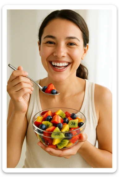 A cheerful person holding a glass bowl of colorful fruit salad with vibrant pieces of strawberries, kiwis, and blueberries visible. The person is wearing a casual, light-colored tank top and has a friendly, bright smile as they prepare to take a bite with a spoon. The overall composition focuses on health and enjoyment. sticker