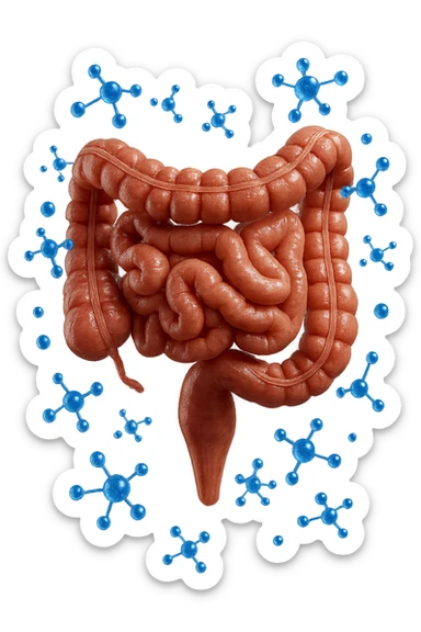 INTESTINO UMANO ANATOMICO CON MOLECOLE CHIMICHE BLU IN 3D CHE GLI FLUTTUANO INTORNO, IPERREALISTICO 4K sticker