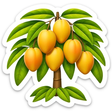 A 3D cartoon mango tree with golden-yellow mangoes visible among dense leaves, sunny atmosphere, Memoji-style rendering. sticker