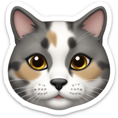 senior fat diluted calico cat, white chin, black nose, grey ears, grey and white sticker
