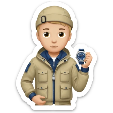 Boy in fishing suit looking at his wristwatch sticker