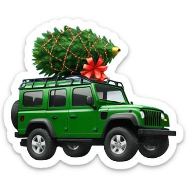 Green Grenadier or defender jeep with Christmas tree on the roof with Christmas lights  sticker