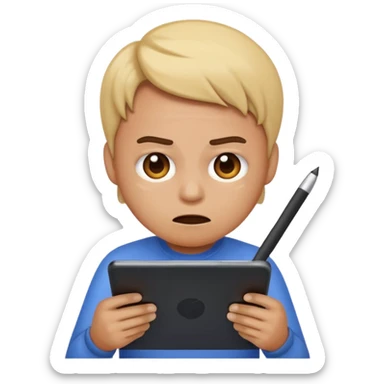 emoji holding and drawing on tablet using a stylus, looking down at screen in frustration sticker