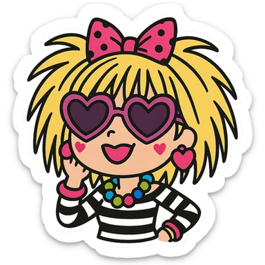 Betsey Johnson inspired emoji, super fashionable, bold colors, playful accessories, quirky and glamorous style sticker