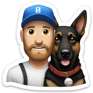 white male with blue eyes, a black beard and a baseball hat alongside a black and brown german shepherd  sticker