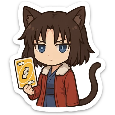 chibi Ryougi Shiki with cat ears and cat tail, Mystic Eyes of Death Perception, holding a UNO reverse card, expressionless or slightly ominous, true to her personality sticker