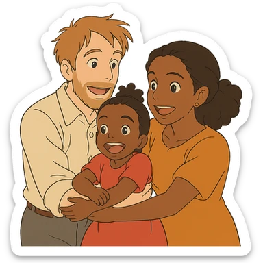 ghibli style family with white dad, black mom, and black child, no background sticker