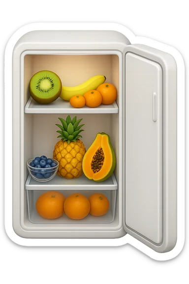 emoji stile iphone di un frigo aperto con dentro ben visibili questi alimenti: Kiwi
Banana acerba
Arance e mandarini
Mirtilli
Ananas
Papaya
IPERREALISTICO 4K sticker