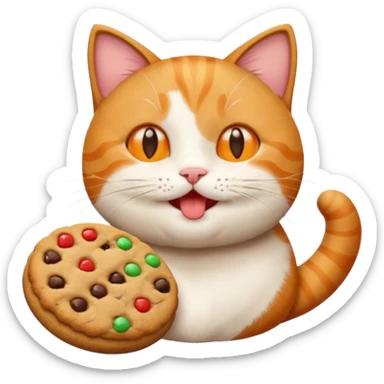 a round cat happily eating a cookie, emoji style sticker
