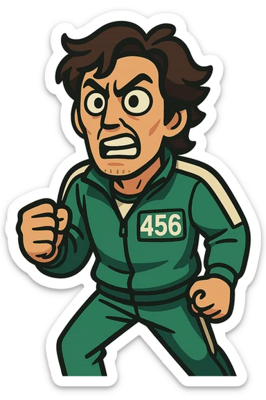 Player 456 from Squid Game, vibrant cartoon style, green tracksuit, number 456, expressive face sticker