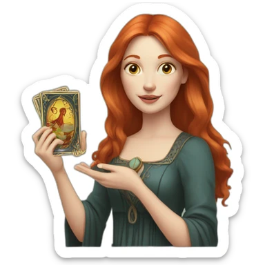 redhead white woman medium long straight hair, holding a tarot card in her hand sticker