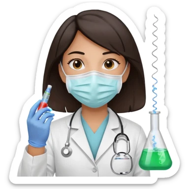medica con guantes  y mascarilla e insumos laboratorio reactivo jerigan tubos  pelo negro largo triguella sin testoscopio sticker