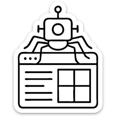 geometric robot with antennae crawling over a web page, outlined style, tech-inspired SEO robot crawler icon sticker
