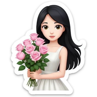 A beautiful girl with long black hair and a white dress is holding a bouquet of pink roses sticker