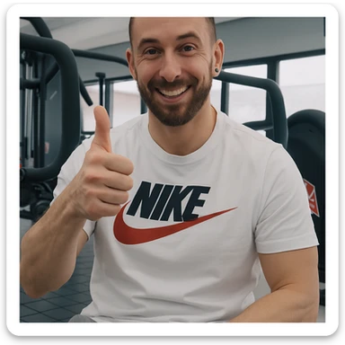 The man in the photo is making the OK gesture with his thumb up, showing an amused expression, in a gym environment, photorealistic style. sticker