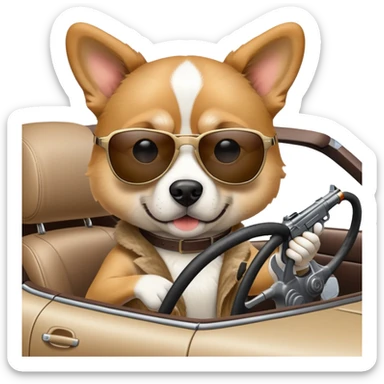Dog driving a car with sunglasses carrying a gun sticker
